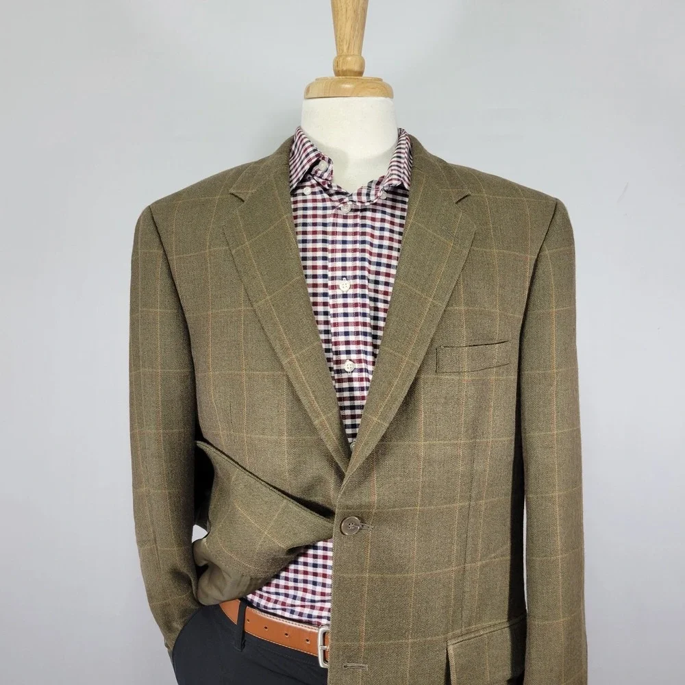 Tasso Elba Men's Sport Coat Blazer Two Button Olive Plaid Silk‎ Camel hair 42L